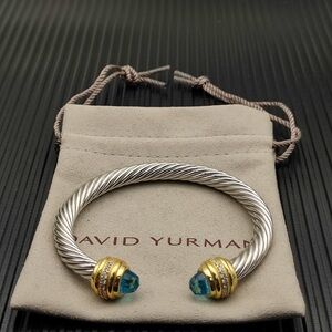 David Yurman Silver and Gold Cable Bracelet with Blue Accents